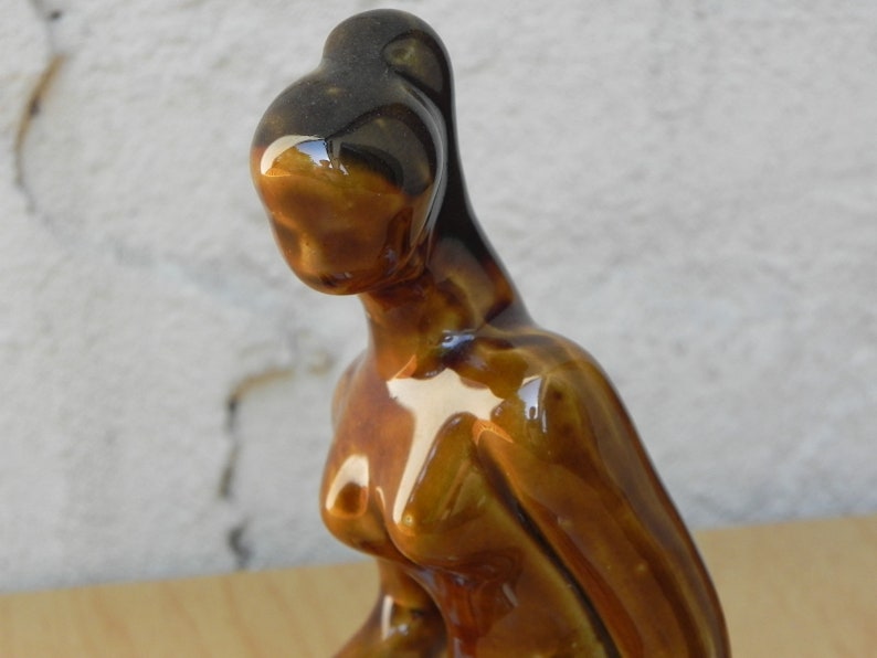 Small Vintage Ceramic Glazed Brown Female Nude Table Sculpture image 7
