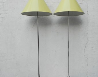 Pair Laurel Brushed Aluminum Floor Lamps with Canary Yellow Cone Shades