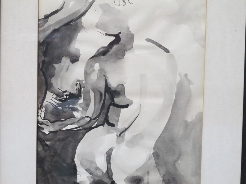 Framed Original Watercolor Nude in Black & White from 1974 image 2