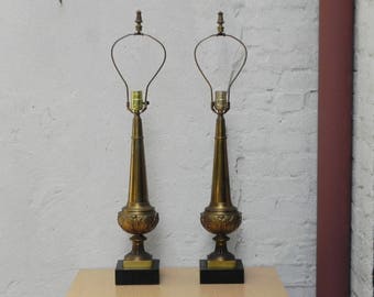 Pair Stiffel Cast Brass Neo Classical Obelisk Table Lamps