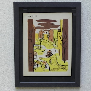 Mid-Century Lithograph by Wylie Newly Framed-Street Scene with Café, Bicycle & Truck, Brown and Yellow image 1