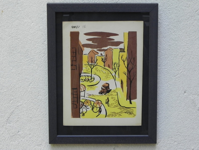 Mid-Century Lithograph by Wylie Newly Framed-Street Scene with Café, Bicycle & Truck, Brown and Yellow image 1