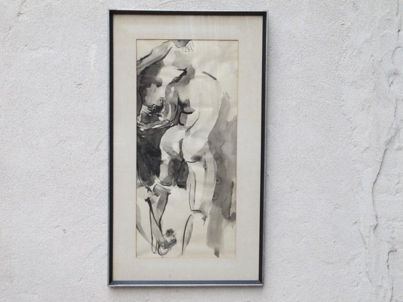 Framed Original Watercolor Nude in Black & White from 1974 image 1