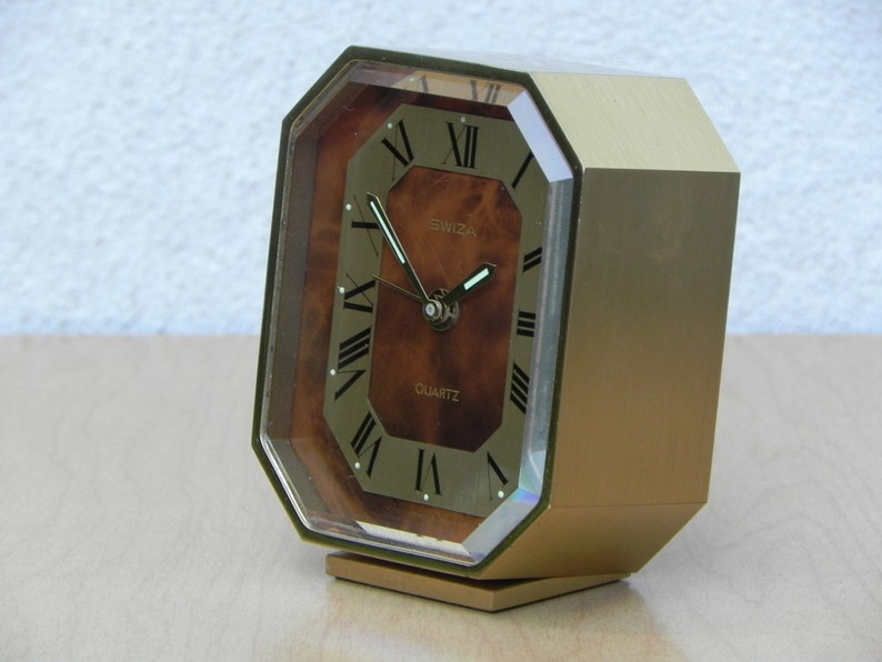 Swiza Small Quartz Brass Desk Clock with Brown Face image 2