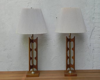 Sculptural Mid Century Table Lamps in Walnut & Brass by Richard Singer