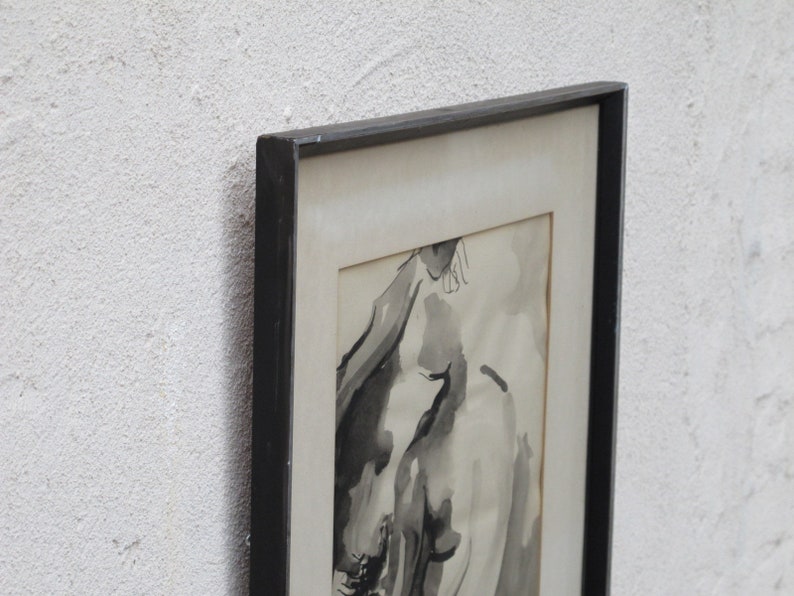 Framed Original Watercolor Nude in Black & White from 1974 image 6