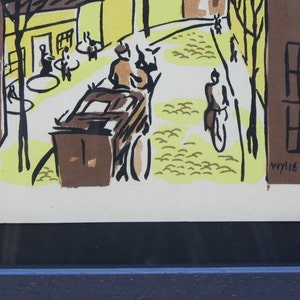 Mid-Century Lithograph by Wylie Newly Framed-Street Scene with Café, Bicycle & Truck, Brown and Yellow image 3