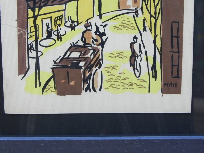 Mid-Century Lithograph by Wylie Newly Framed-Street Scene with Café, Bicycle & Truck, Brown and Yellow image 3