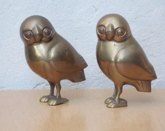 Pair of Vintage Brass Owls, Mid Century Table Decor