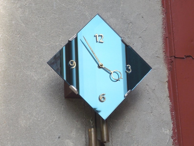 Vintage Art Deco Blue Mirror Pendulum Wall Clock, Weight Driven, German