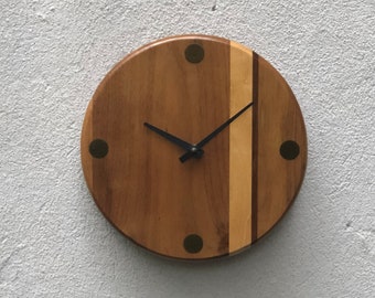 Modern Handcrafted Round Solid Wood Wall Clock, Inlayed Brass Markers, Quiet Quartz Movement