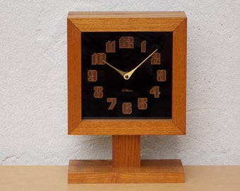 Mid Century Ti-Chron Square Oak Black Mantel Clock on Pedestal