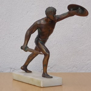 Roman Warrior Brass Table Statue on Marble Base image 1