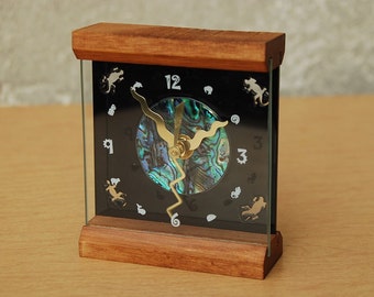 Memphis Design Desk Clock, Wood, Glass and Paua Shell Face