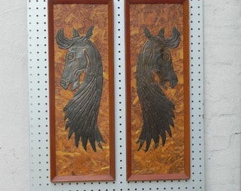 Pair Tooled Cooper Horses on Pressed Board Backing, Framed