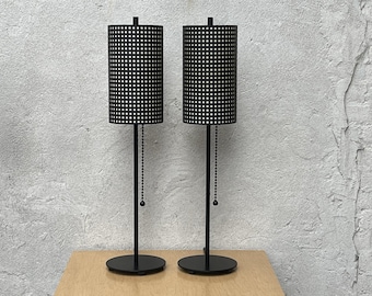 Pair Slim Black Table Lamps by Kovacs with Metal Black & White Shades
