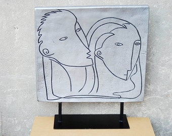 Modern Flat Silver Ceramic Table Sculpture of a Couple