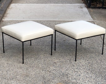 Pair Vintage Paul McCobb Iron Stools In White Leather, Fully Restored