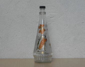 Glass 1950's Genie Bottle with Lid, Gold and Orange Graphics