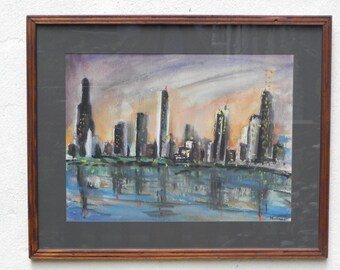 Framed Cityscape On Water (Chicago) Original Painting by Paula 1977