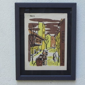 Mid-Century Lithograph by Wylie Newly Framed-Street Scene with Café, Bicycle & Truck, Brown and Yellow image 1