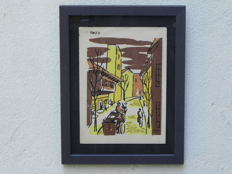 Mid-Century Lithograph by Wylie Newly Framed-Street Scene with Café, Bicycle & Truck, Brown and Yellow image 1