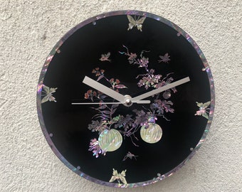 Small Round Asian Shell Inlay Black Lacquer Clock with Butterflies