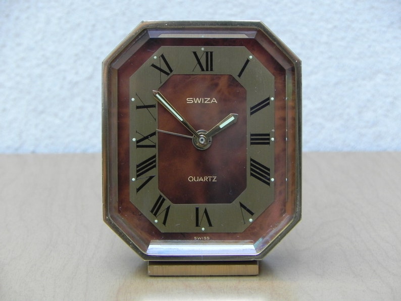 Swiza Small Quartz Brass Desk Clock with Brown Face image 1