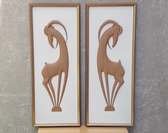 Pair Mid Century Gold White Gazelle Relief Wall Hangings by Turner