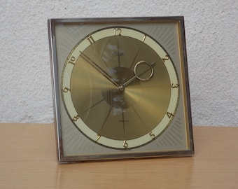 Mid Century Kienzle Square Brass Jeweled Desk Clock
