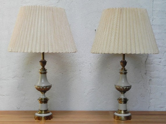 Pair Large Stiffel White Enameled Brass Table Lamps With Original