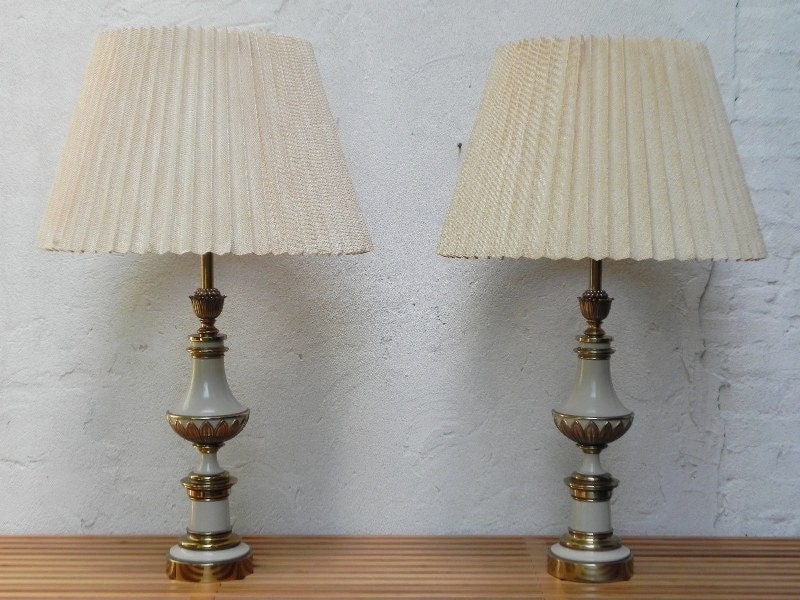 Vintage Stiffel Porcelain and Brass Table Lamps - A Pair