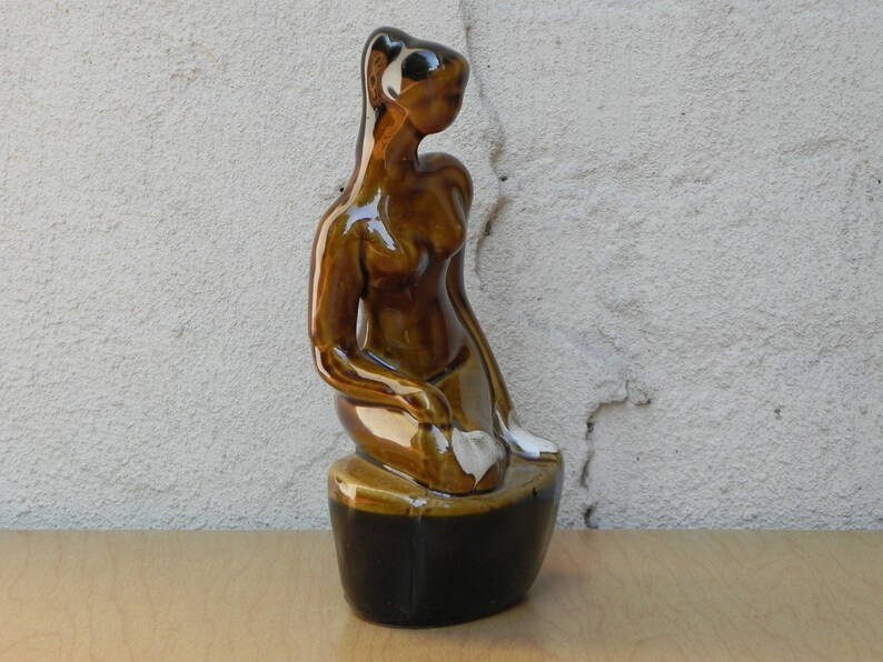Small Vintage Ceramic Glazed Brown Female Nude Table Sculpture image 6
