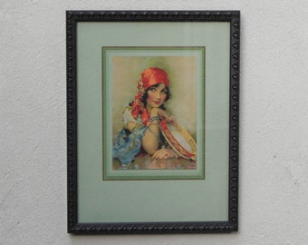 Hudson's Big Country Store - Gypsy Girl with Tamborine by J. Knowles Hare (or Gene Pressler?), Vintage Print Newly Framed