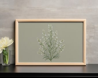 アンティーク植物画 | 緑と白の花の印刷可能なウォールアート | ヴィンテージ花柄プリント | 植物ウォールアート | デジタルダウンロード |