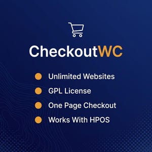 Puede incluir: Un gráfico azul oscuro con un icono de carrito de compras blanco sobre el texto CheckoutWC en blanco y naranja. Debajo hay cuatro puntos naranjas que enumeran las características: Unlimited Websites, GPL License, One Page Checkout, Works With HPOS.