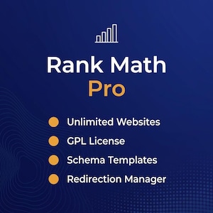 Könnte beinhalten: Eine dunkelblaue digitale Grafik für Rank Math Pro mit einem weißen Balkendiagramm-Symbol, dem Text Rank Math Pro in Weiß und Orange sowie einer Liste von Funktionen wie Unlimited Websites, GPL License, Schema Templates und Redirection Manager.
