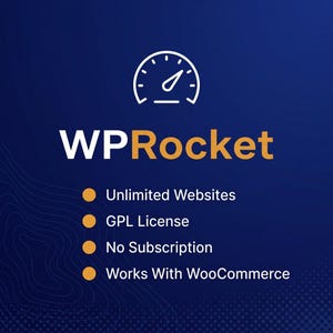 Puede incluir: Un gráfico azul oscuro con un icono de velocímetro blanco sobre el texto WPRocket en blanco y naranja. Debajo hay cuatro puntos naranjas con el texto Unlimited Websites, GPL License, No Subscription y Works With WooCommerce.
