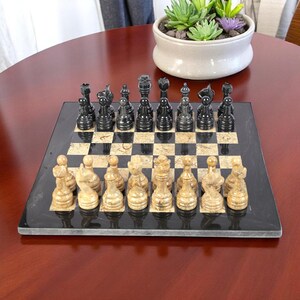 Handmade Marble Chess Set, Marble Chess Board Set, Black & Coral, Elegant Gift for Housewarming