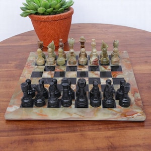 Handmade Marble Chess Set: Onyx Green & Black, Luxury Board Game