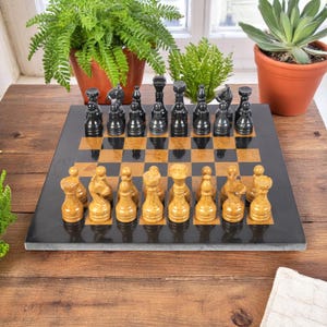 Handmade Marble Chess Set: Black & Golden Stone Board (15x15)