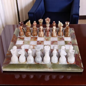 Handmade Onyx Marble Chess Set: Green & White Luxury Board