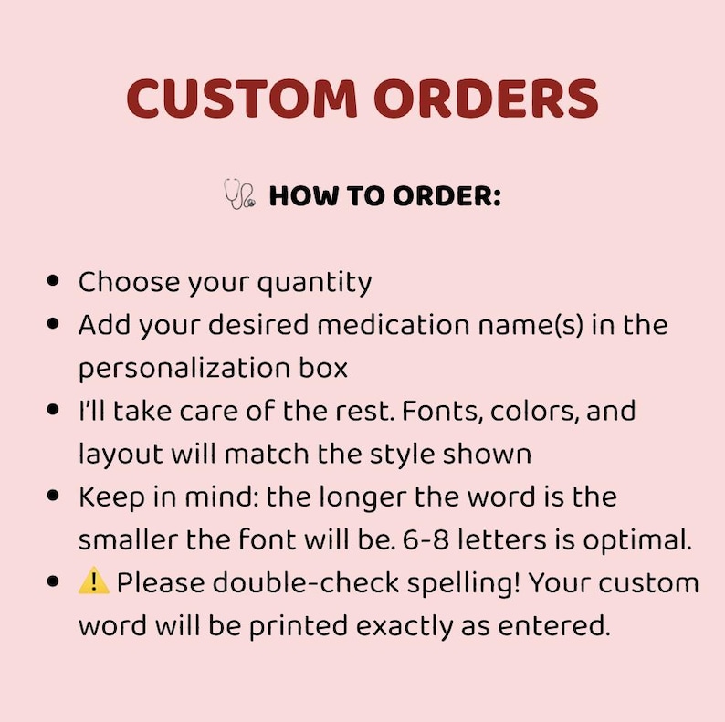 May include: A pink background with maroon text reading "CUSTOM ORDERS". Below, "HOW TO ORDER:" is written, followed by bullet points detailing the ordering process, including quantity, medication name, and spelling check.