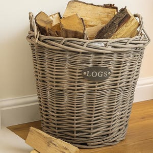 Cesta grande de mimbre gruesa para leña, cesta rústica de mimbre ecológica con asas y forro, cesta de leña resistente para chimenea.