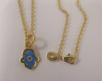Pandora S925 ALE Opalescent Blue Hamsa Hand Charm Pendant Necklace Set