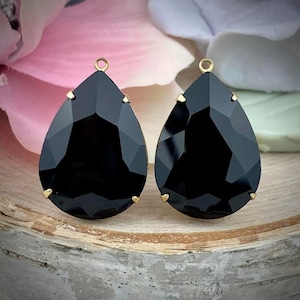 Large Jet Black Rhinestone Faceted Teardrop Pendants - 28mm - 2 Pieces