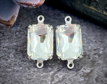 Vintage Crystal Rectangle Connectors / Links In Silver Tone - 22mm - 2 Pieces