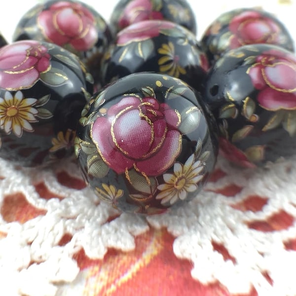 Pink Rose/Daisy Black Japanese Tensha Bead – 20mm (1 Pièce)