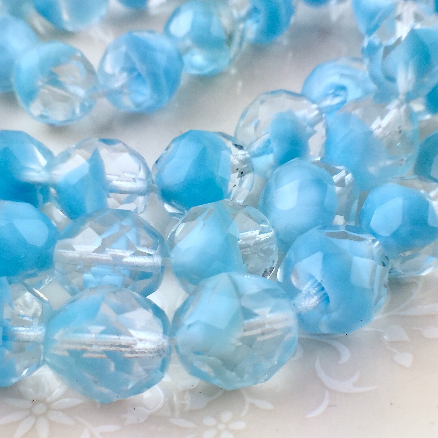 Aqua moonglow silk glass givre Czech 12mm fire polished beads (25 pcs or 300 pieces) wholesale