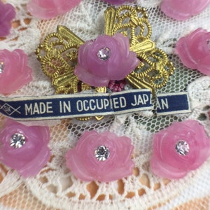 Vintage Japanese Occupation Glass Large Pink Flower Rose Cabochons with in tact Crystal Stones 11x15mm (4pcs)